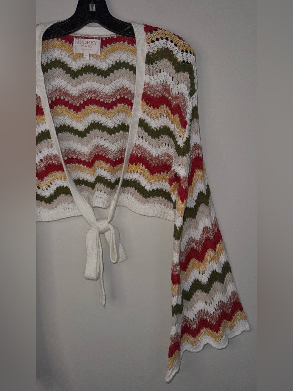 Crochet Tie-Front Cardigan in Cream with Olive, Pink & Gold Chevron - Picture 12 of 12